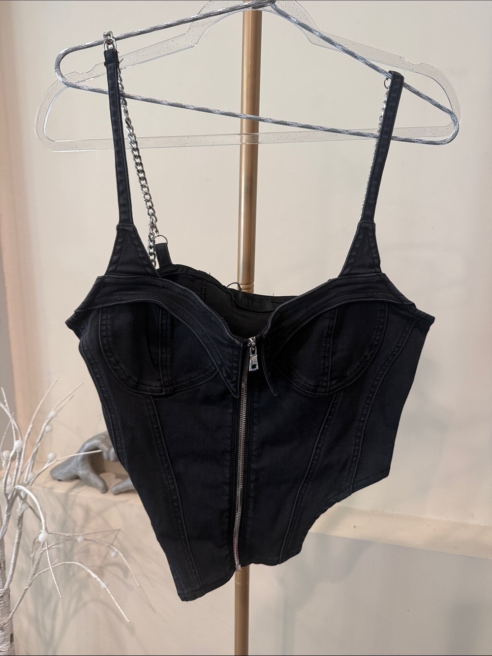 RTA Black Denim Corset Top with Front Zip